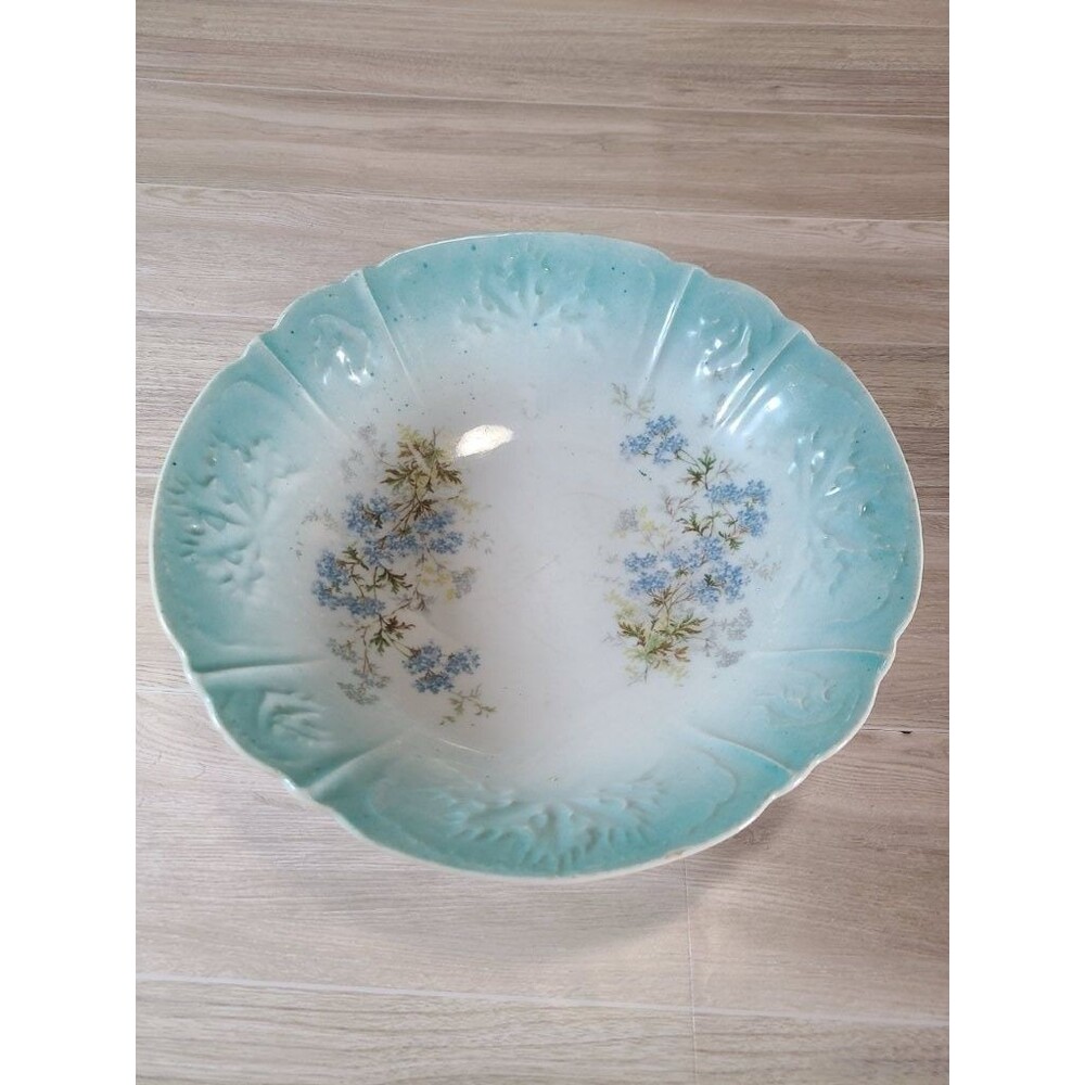 Vintage Blue Floral Scalloped Ceramic Bowl 9.5” Embossed Rim Decorative Dish